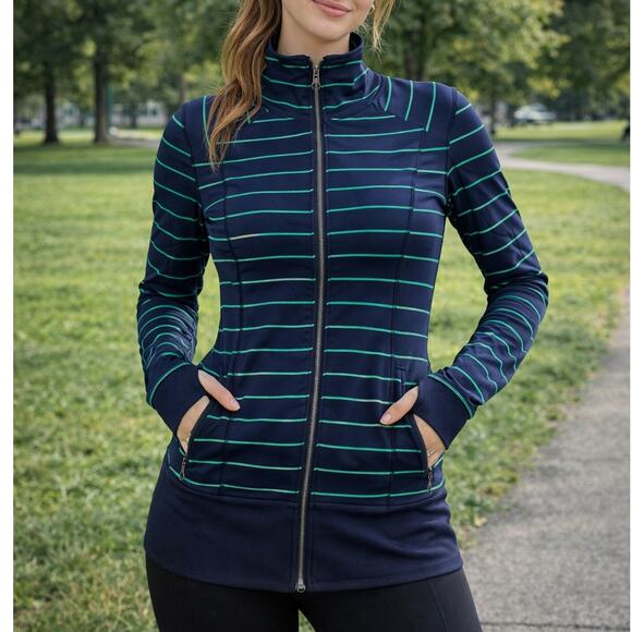 Lululemon Tops - Lululemon women's striped athletic zip jacket size 4 navy green full zip workout